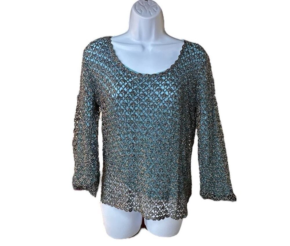 Cache Y2K Metallic Open Knit Sheer Top Teal Gold Festival Boho Glam Large